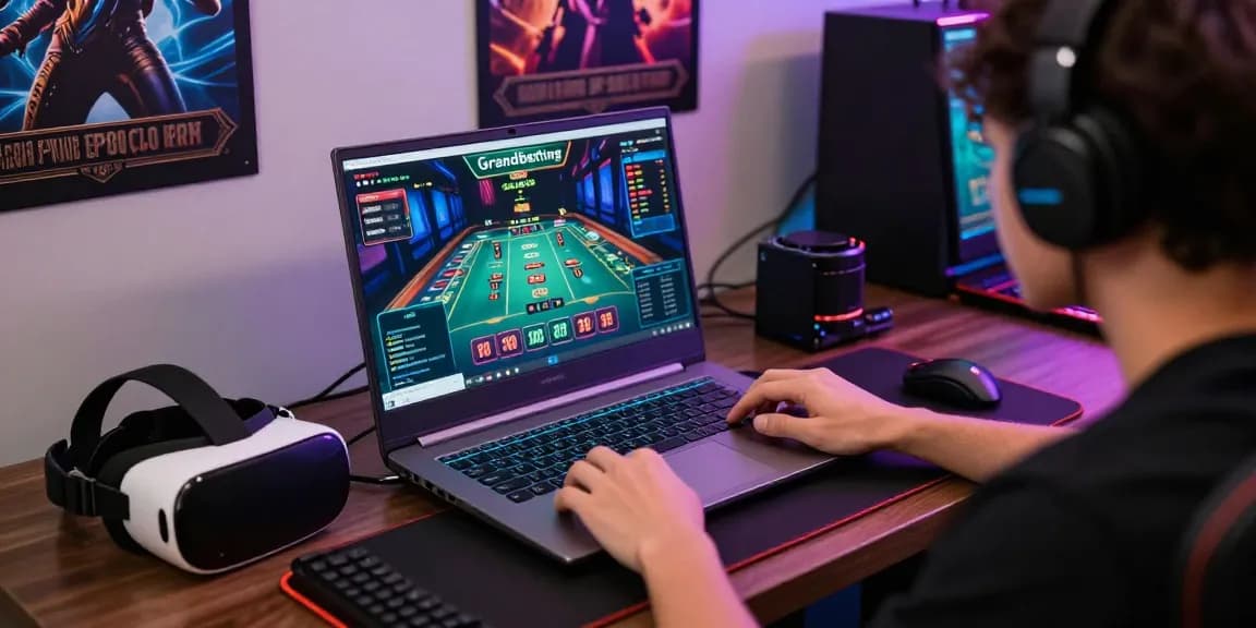 Engaged player exploring the Grandbetting platform in a vibrant online gaming environment, showcasing modern accessories and immersive technology.