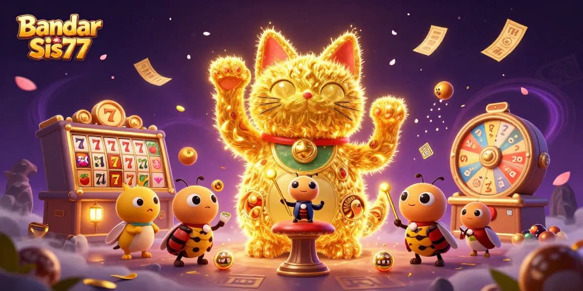 Bandar Slot Sis77 menampilkan ilustrasi kasino dengan kucing keberuntungan dan elemen permainan slot berwarna-warni.