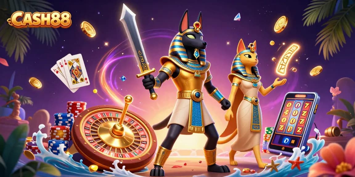 CASH88 casino adventure featuring Anubis and Bastet amidst scattered coins and spinning wheels