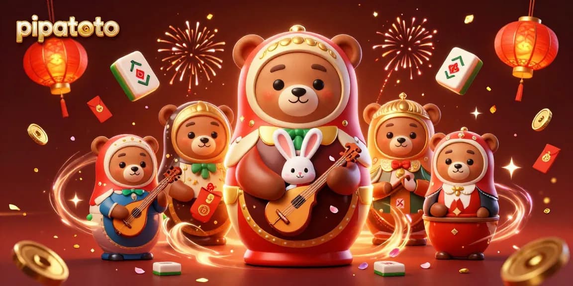 Pipatoto players enjoy thrilling casino games, surrounded by festive elements and vibrant characters.
