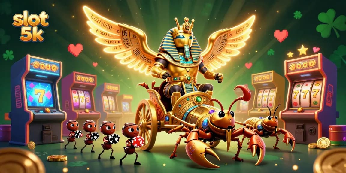 Experience thrilling action at slot 5k with a golden scarab and scorpions amidst colorful gaming elements.