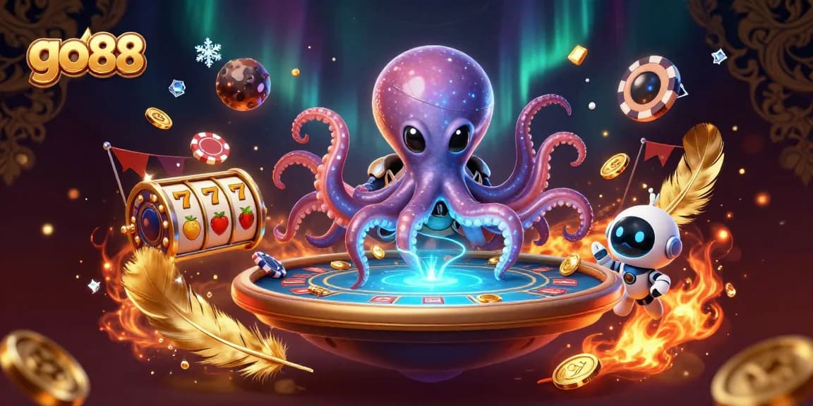 Play exciting games at go 88 with a cosmic octopus and floating poker table.