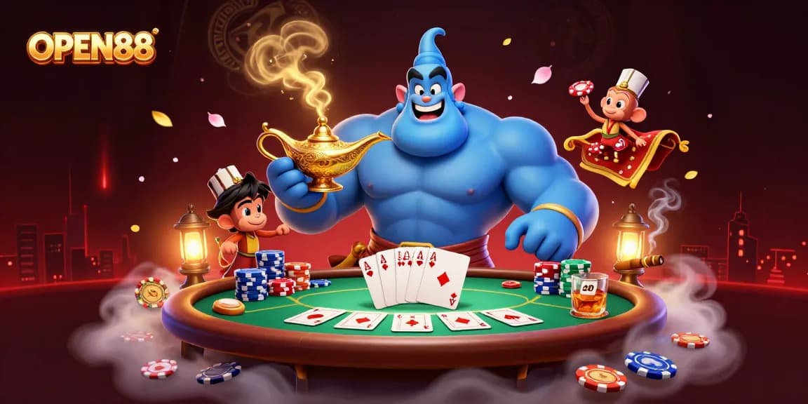Experience exhilarating gaming at OPEN88 with a magical genie and poker elements in a vibrant casino scene.