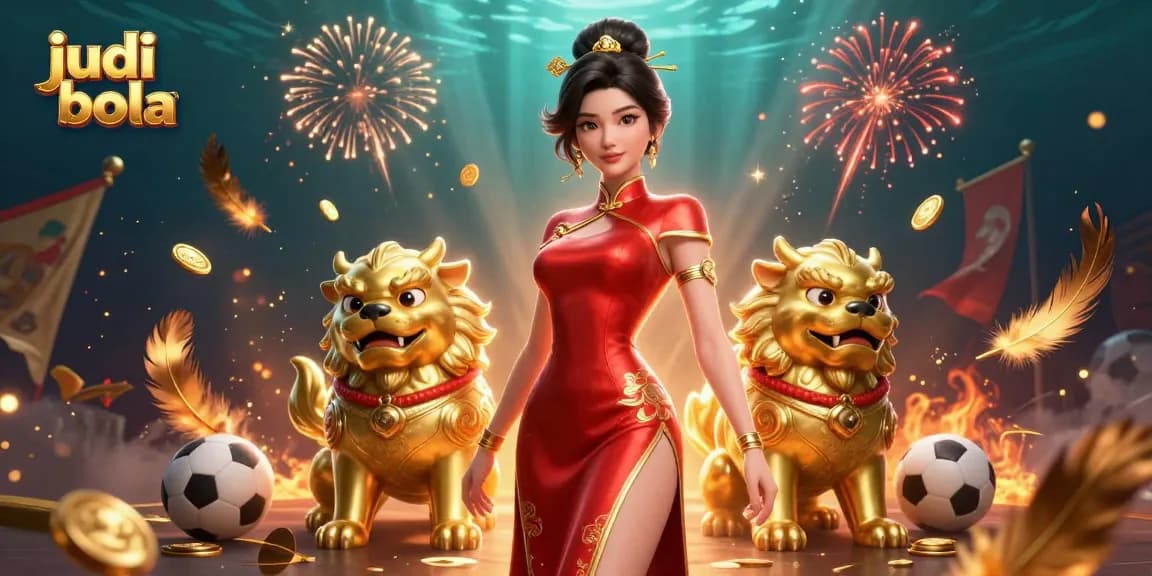 Experience the excitement of judi bola with a glamorous Asian woman amidst sports betting elements.
