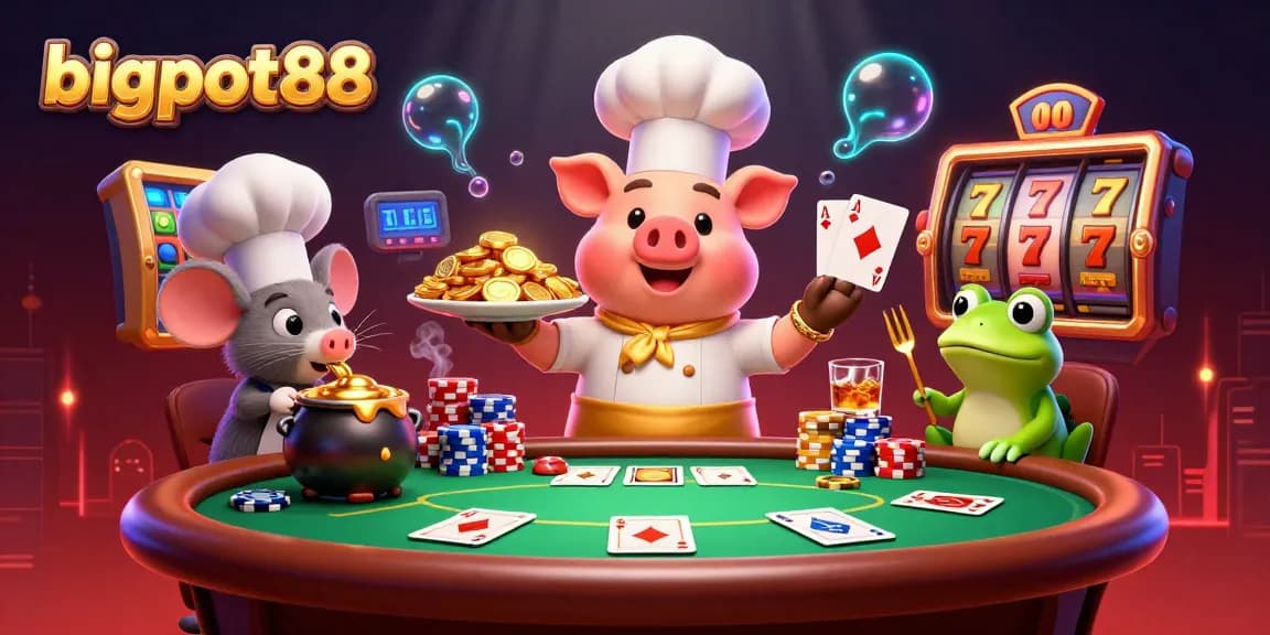 Engage with bigpot88, featuring a chef pig serving gold coins amid a vibrant slot game atmosphere.