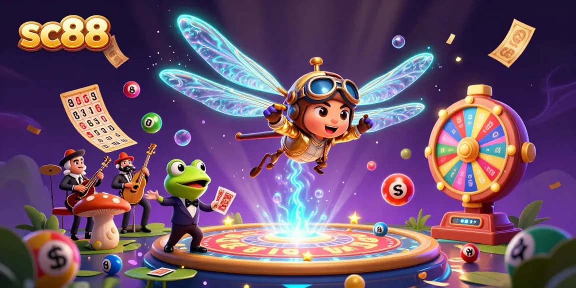 Experience the thrill of sc88 as a dragonfly helicopter pilot interacts with a frog croupier in a vibrant casino environment.