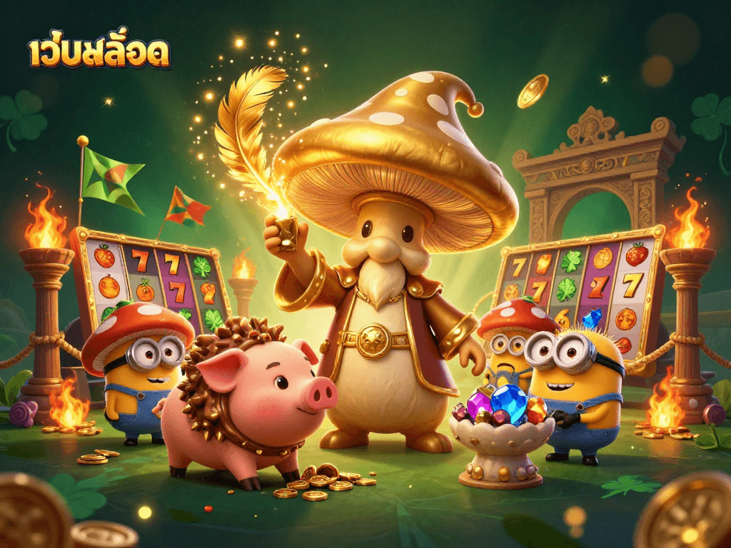 Experience the excitement of เว็บสล็อต as a golden wizard and pig uncover treasures in a vibrant casino scene.