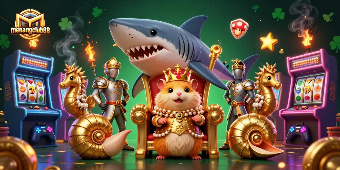Experience winning thrills with menangclub88 in this dynamic casino-themed illustration featuring slots and arcade elements.