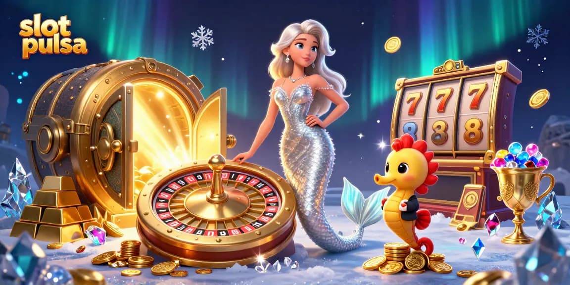 Experience thrilling slot pulsa gameplay with vibrant visuals and 3D characters in a captivating casino scene.