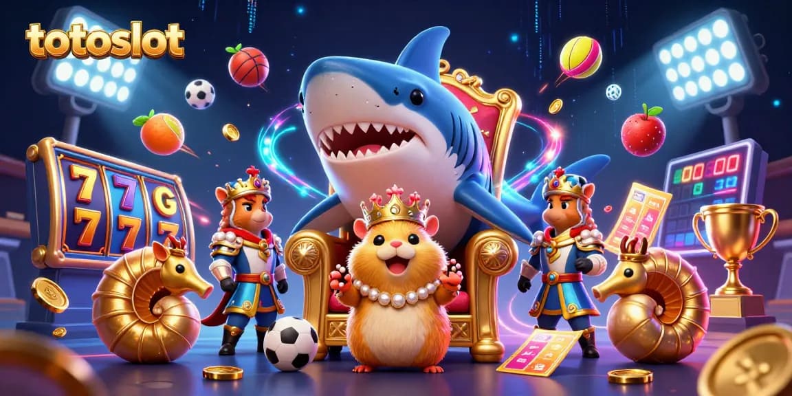 Totoslot showcases a dynamic scene featuring a golden hamster king surrounded by engaging slot elements and sports symbols.