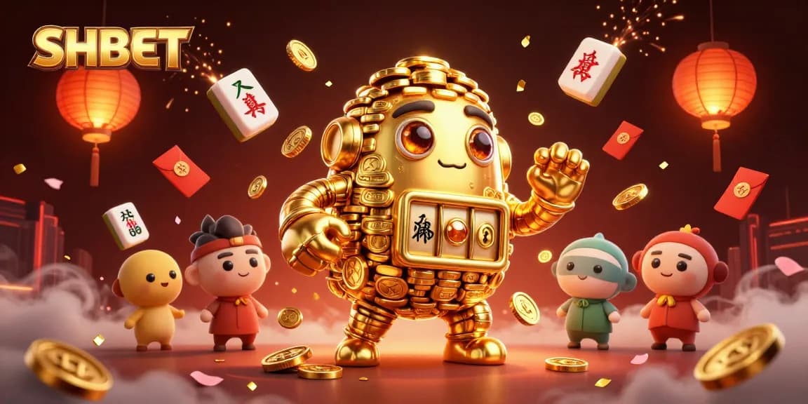 Engage in thrilling games at SHBET with stunning visuals of a gold golem and casino elements.