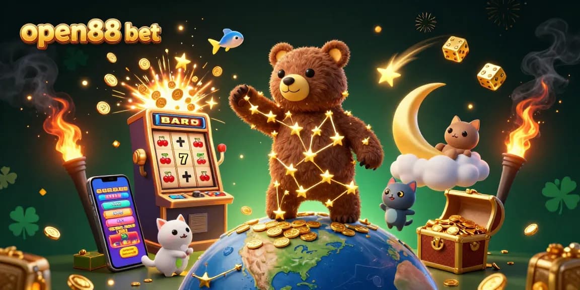 Grab big wins with open88 bet as gold coins spill from a magical slot machine surrounded by stars.