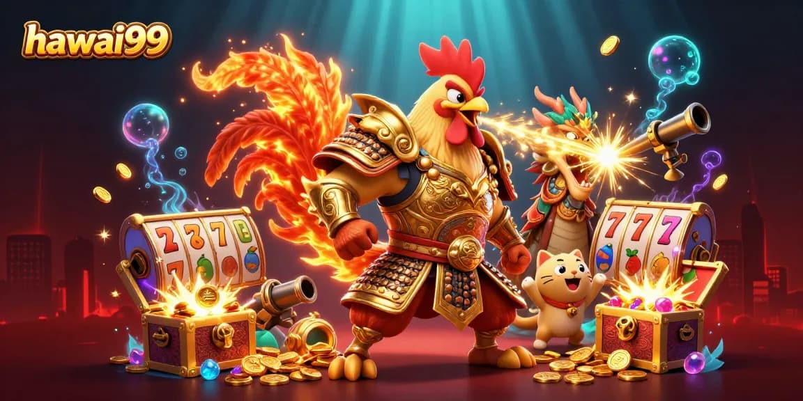 Experience the thrill of hawai99 with a dynamic 3D scene featuring bold gaming characters and vibrant casino elements.