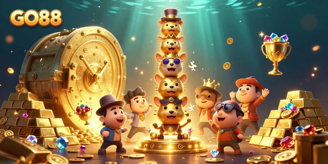 Experience big wins with GO88 at this vibrant casino-themed 3D illustration showcasing treasure and gaming excitement.
