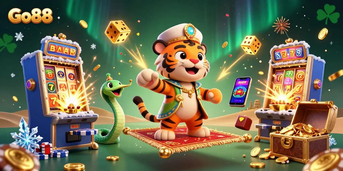 Go88 showcases a vibrant casino scene with a tiger sultan and a slot machine jackpot explosion.