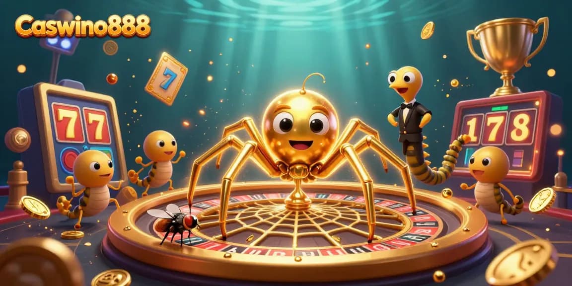 Experience vibrant gameplay at Caswino888 with a golden spider web roulette wheel, dynamic game elements, and engaging casino visuals.