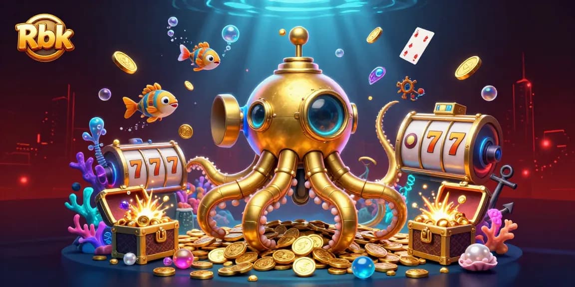 Experience the thrill of Rbk with a vibrant underwater casino scene featuring a kraken submarine and slot reels.