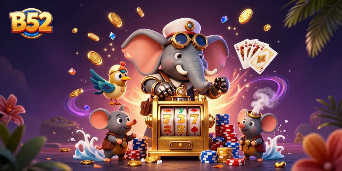 B52 players celebrate wins at a lively casino with golden slot machine reels and colorful poker chips.