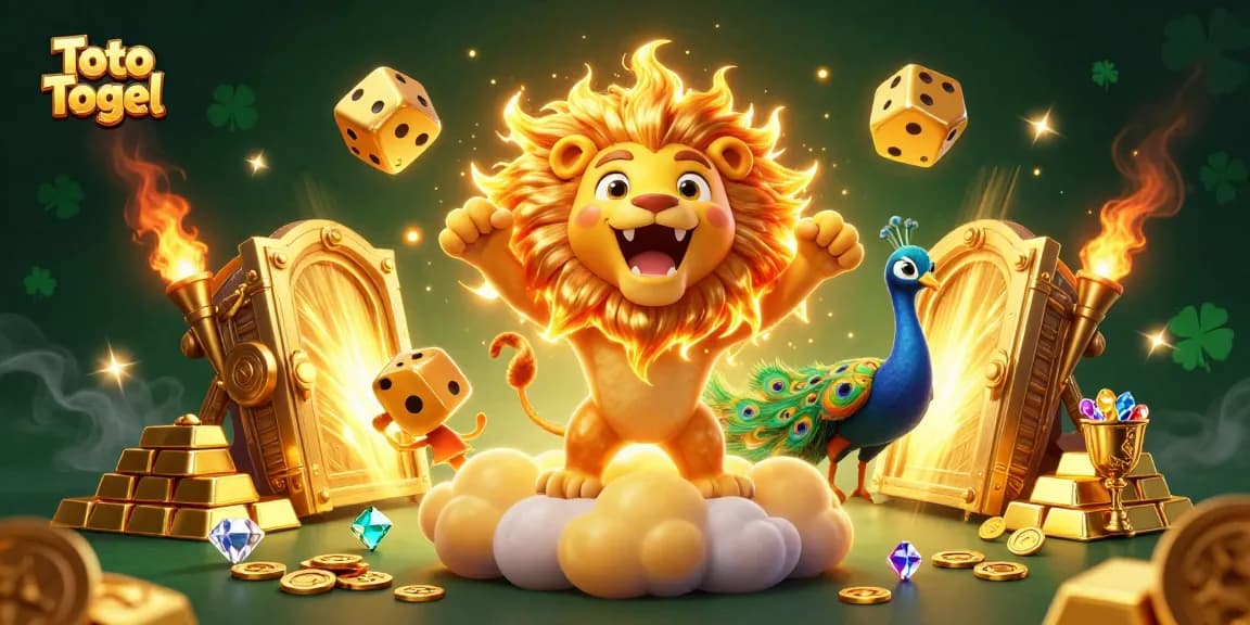 Toto Togel menyajikan keseruan dalam permainan dengan singa bersinar dan dadu emas di antara tumpukan kekayaan.