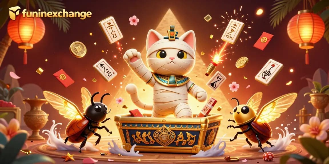 Engage in thrilling action at funinexchange with a unique casino-themed illustration featuring a mummy cat.