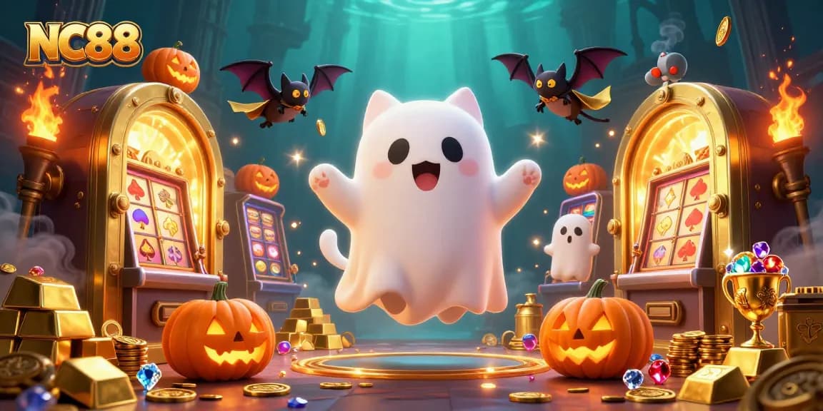 Engage in thrilling games at NC88 with a lively ghost cat and bat in a haunted casino.