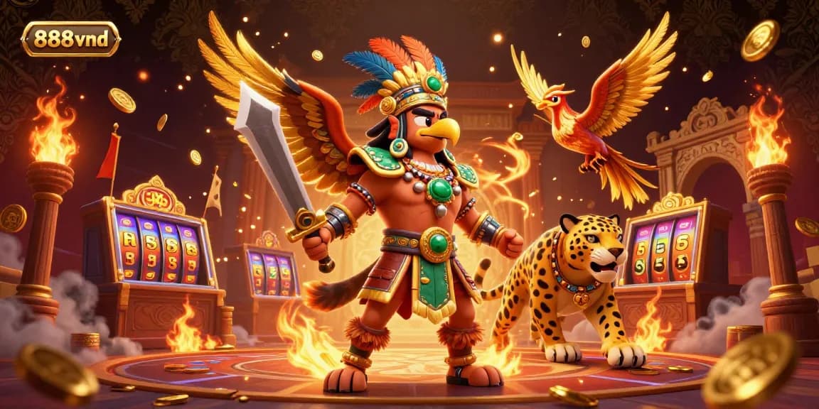 Immerse in the excitement of 888vnd with action-packed casino warriors, dynamic slot reels, and fluttering gold coins.