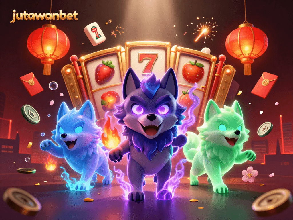 Engaging scene showcasing jutawanbet slots with a dynamic cartoon wolf pack leader and casino elements.