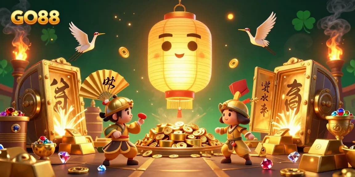 Experience GO88's lively casino vibe with floating golden lanterns and sparkling treasures.