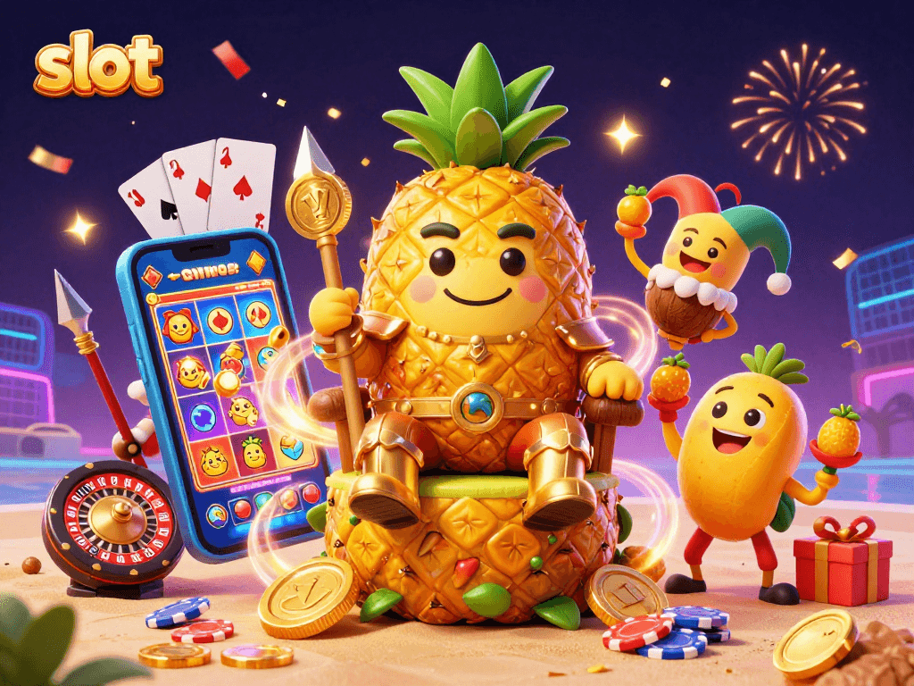 Spin and win at slot games illustrated with a pineapple king and festive elements.