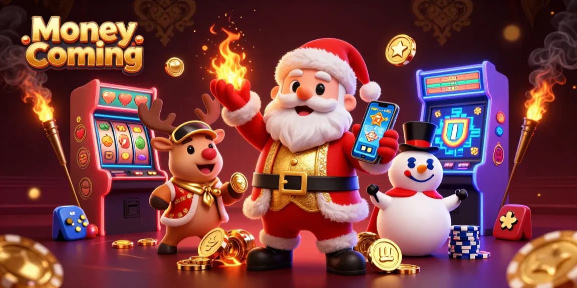 Celebrate wins with Money Coming as Santa, a reindeer dealer, and a poker chip snowman enjoy jackpot slots.