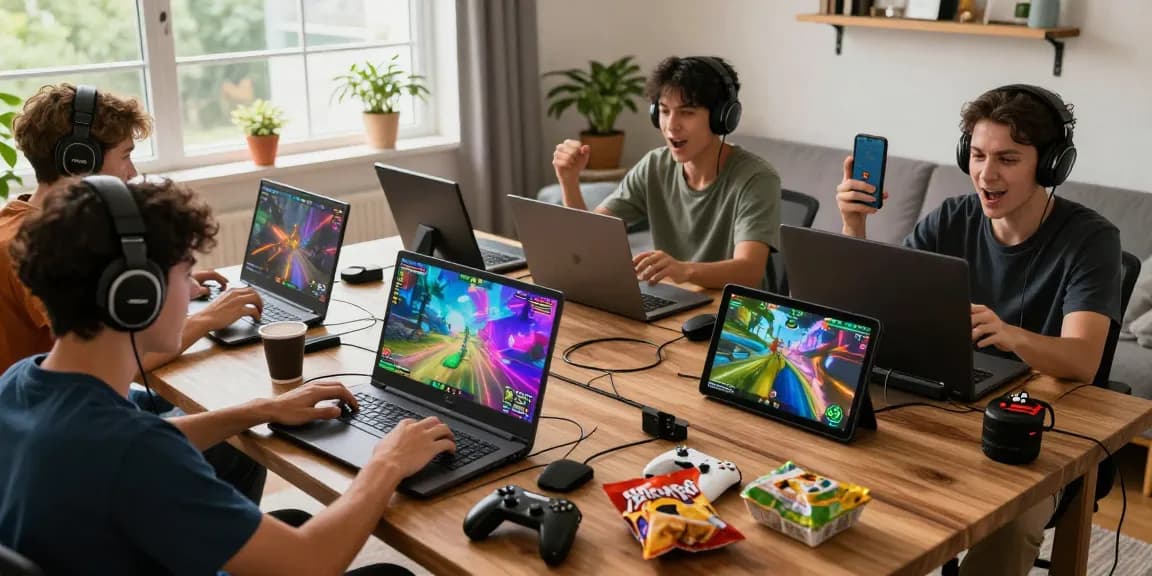 Akses game online tanpa kendala di semua perangkat dengan BATIK88, pemain bersemangat di ruang tamu bermain di laptop dan smartphone.