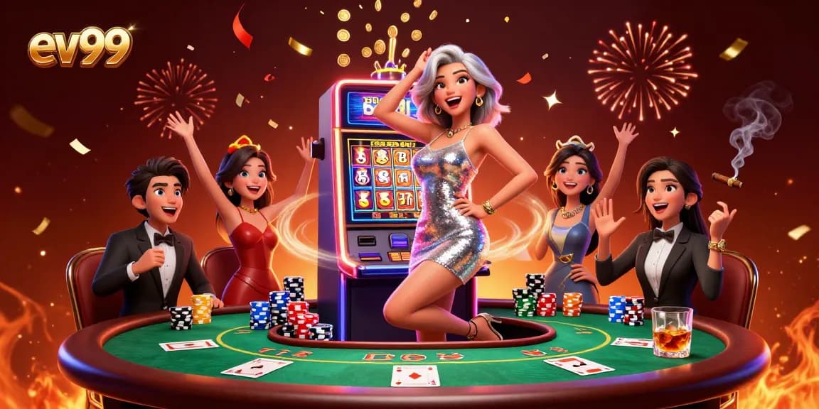 Experience excitement and winning potential at ev99 with a stunning jackpot celebration illustration showcasing casino elements.