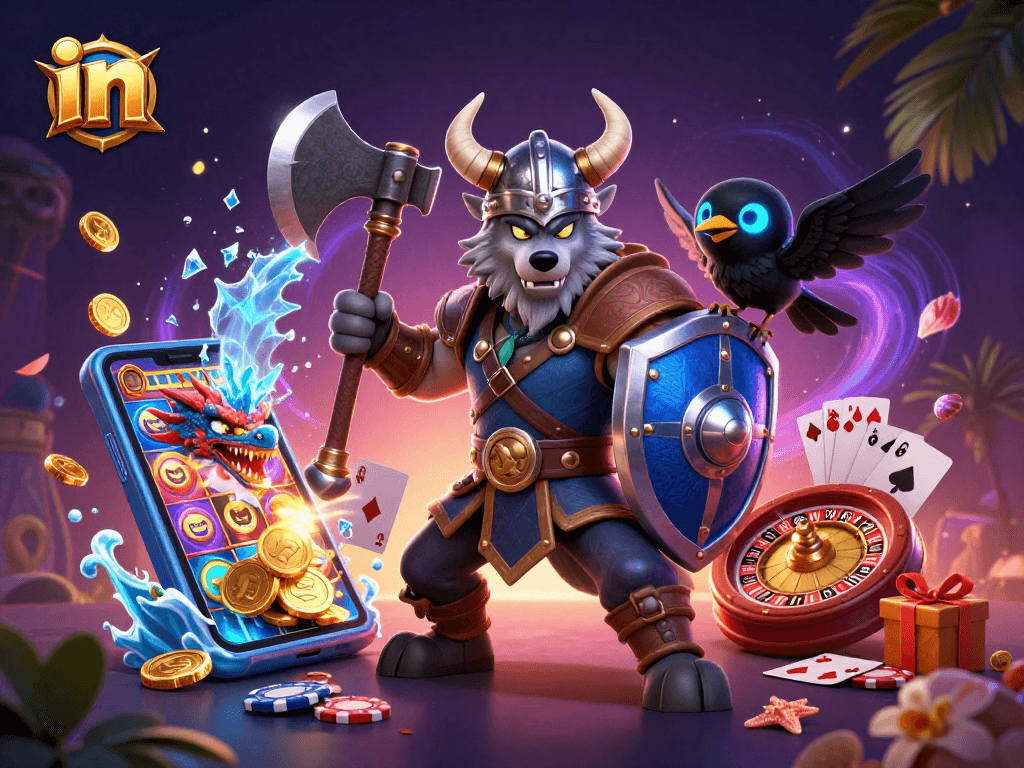 Spin winning reels with the Viking wolf warrior, fierce dragon, and casino elements in action.