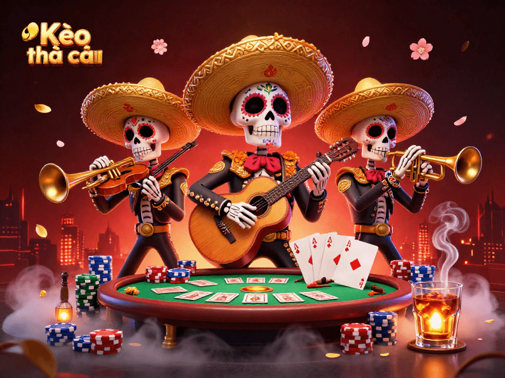 Kèo nhà cái showcases a vibrant Día de los Muertos scene with skeleton musicians at a dynamic poker table.