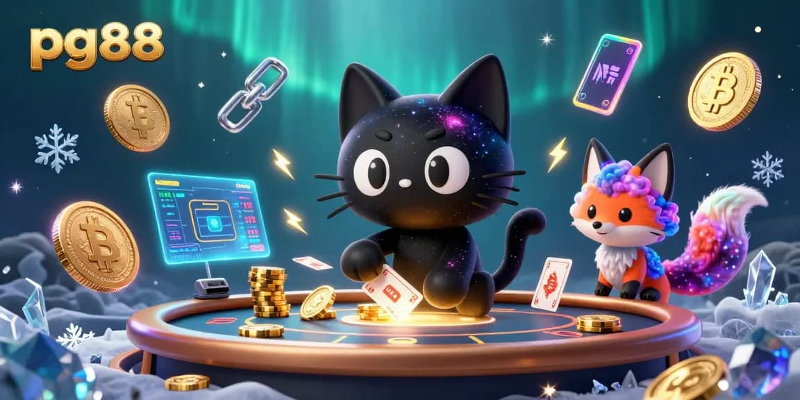 Experience the enchanting world of pg88 as a cosmic cat charms golden chips at a vibrant casino table.