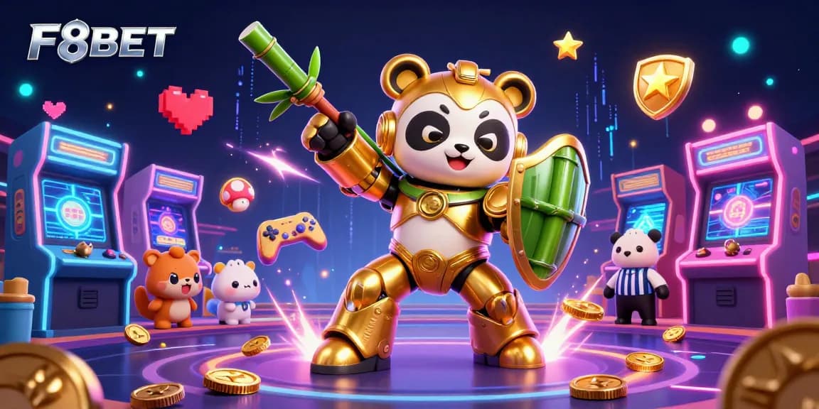 Engage in thrilling gameplay with F8BET, featuring energetic characters in a lively casino arcade scene.
