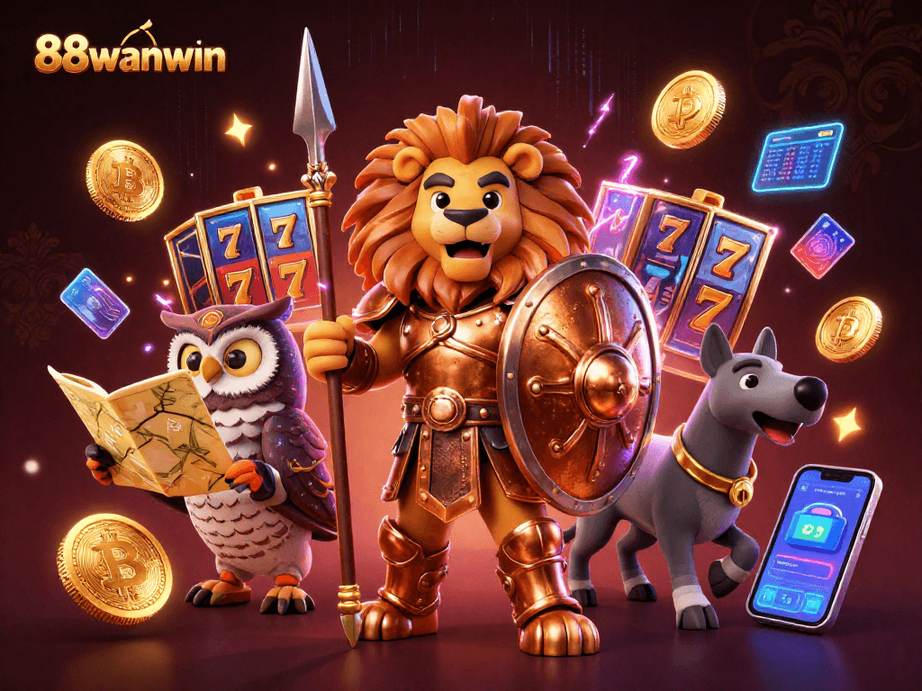 Experience exciting gameplay at 88wanwin with dynamic slot reels and engaging casino characters.