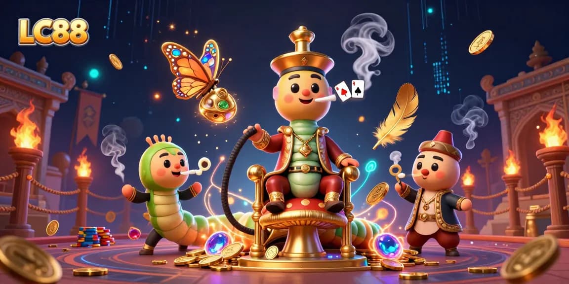 Experience the excitement of LC88 with a vibrant 3D casino illustration showcasing dynamic gambling elements.