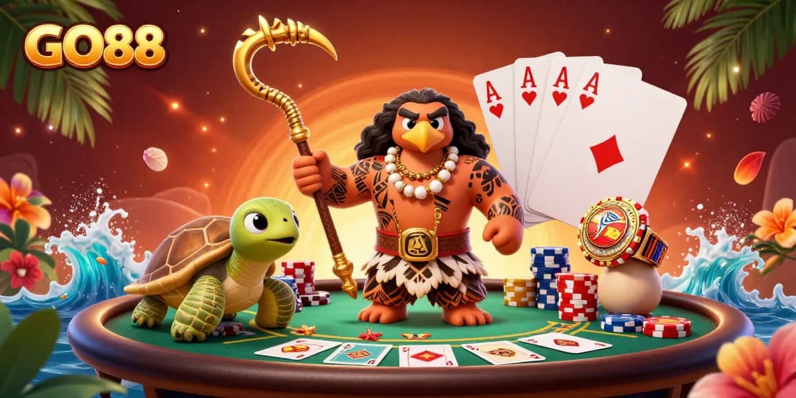 Engage in thrilling poker at GO88 with a vibrant illustration featuring unique characters and dynamic gameplay elements.