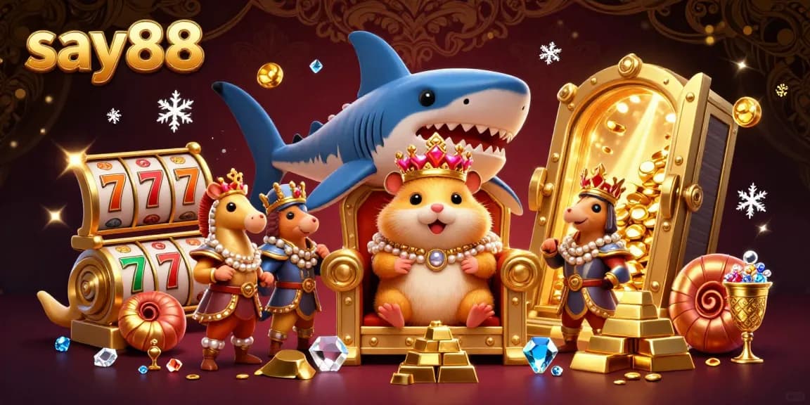 Engage with say88's thrilling gaming experience featuring a golden hamster king amid casino treasures and lively elements.