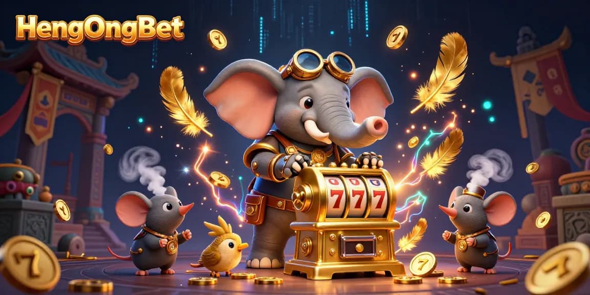 Engage with HengOngBet's animated steampunk elephant at a vibrant, exhilarating slot machine surrounded by dynamic casino elements.