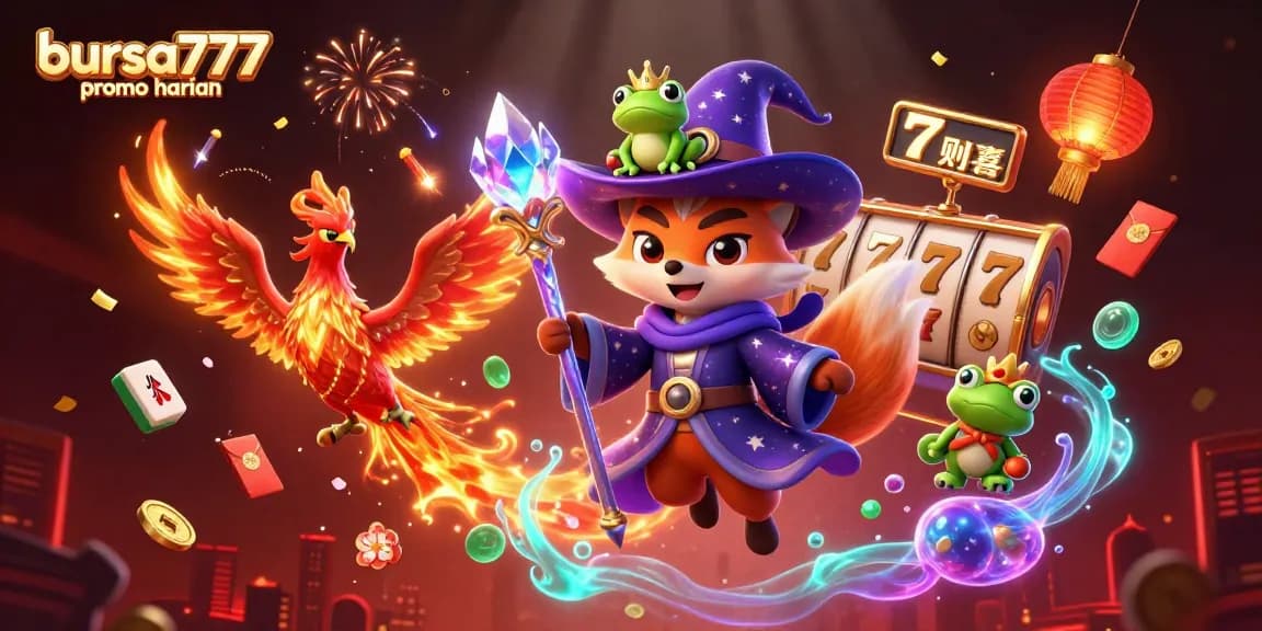Experience bursa777 promo harian with mystical characters in a vibrant casino-themed illustration featuring exciting game elements.