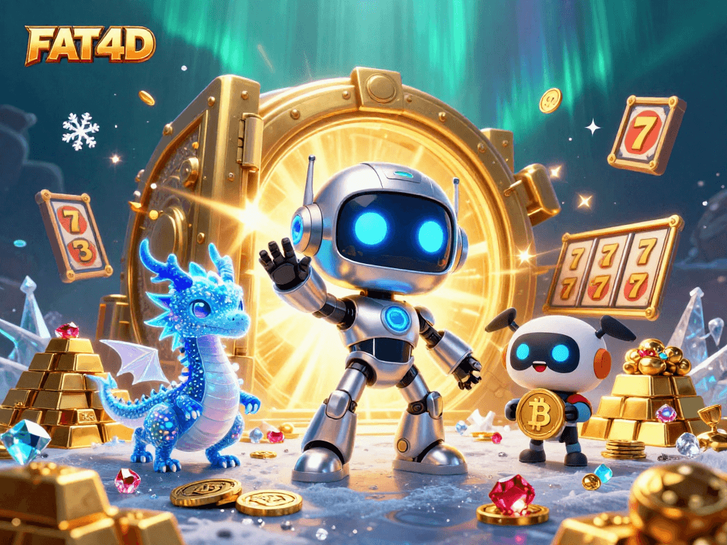 Win big with FAT4D's slot games, featuring neon characters and overflowing treasure elements.