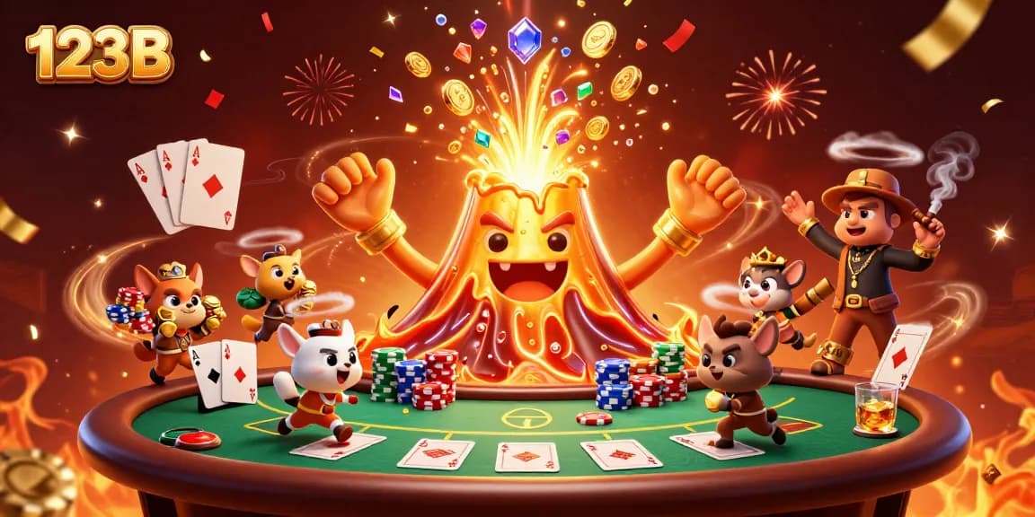 Play exciting games at 123B with a golden volcano erupting coins, thrilling poker action, and adventure.
