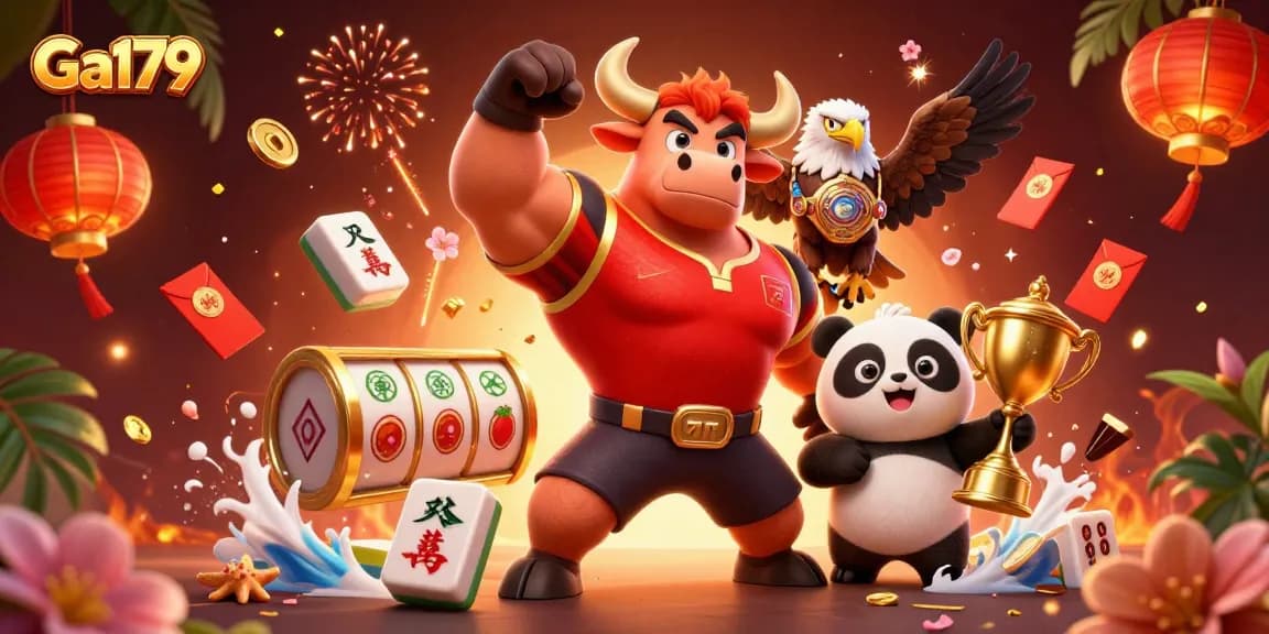 Engage in thrilling gameplay with Ga179 as the victorious bull and eagle celebrate amidst rich casino elements.