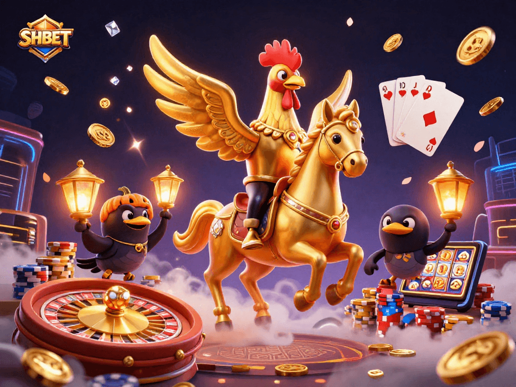 Engage in SHBET's vibrant casino world with a golden rooster and spectral horse amidst a dazzling atmosphere.