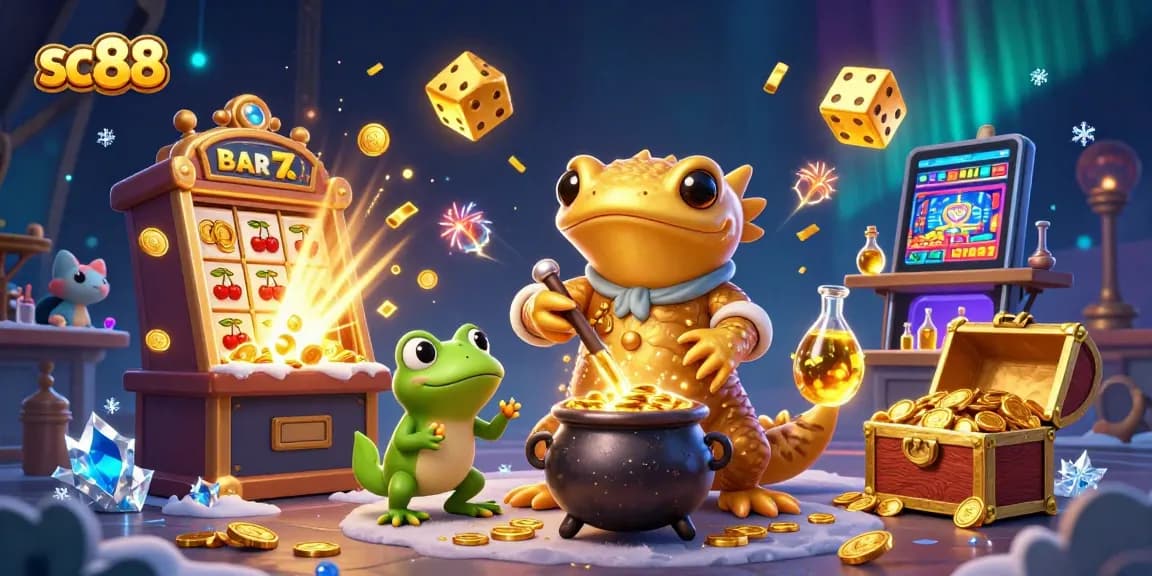 Spin the reels of SC88's vibrant casino world, where golden coins and jackpots come alive in a magical scene.