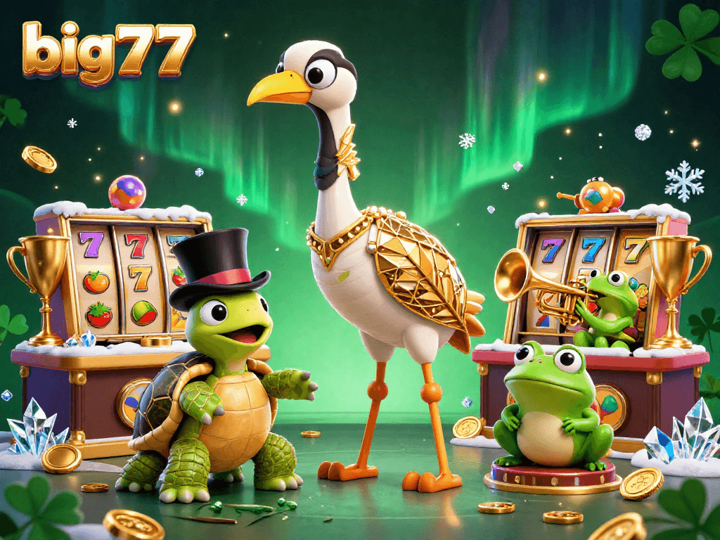 Win big777 with your luck at a vibrant casino featuring animated characters and slot symbols.