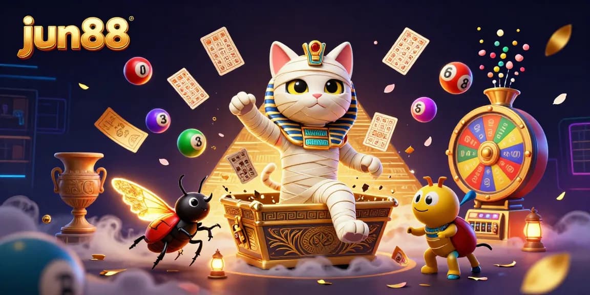 jun88 mummy cat emerges from sarcophagus amidst vibrant casino elements, showcasing thrilling energy.
