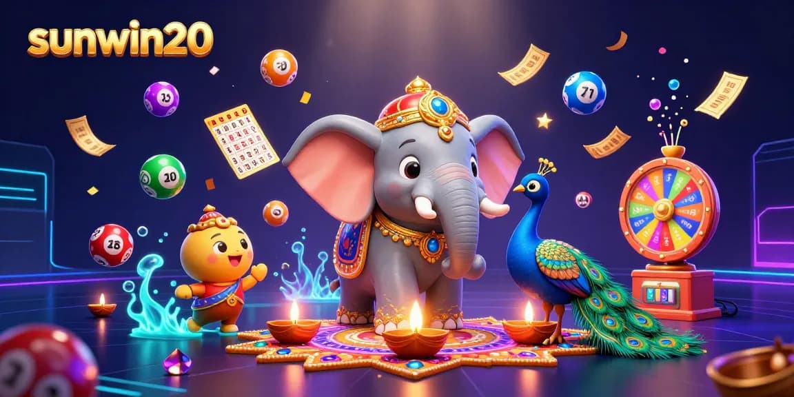 Engage in thrilling games at sunwin20 with vibrant lottery balls and dynamic casino elements in a rich, festive scene.